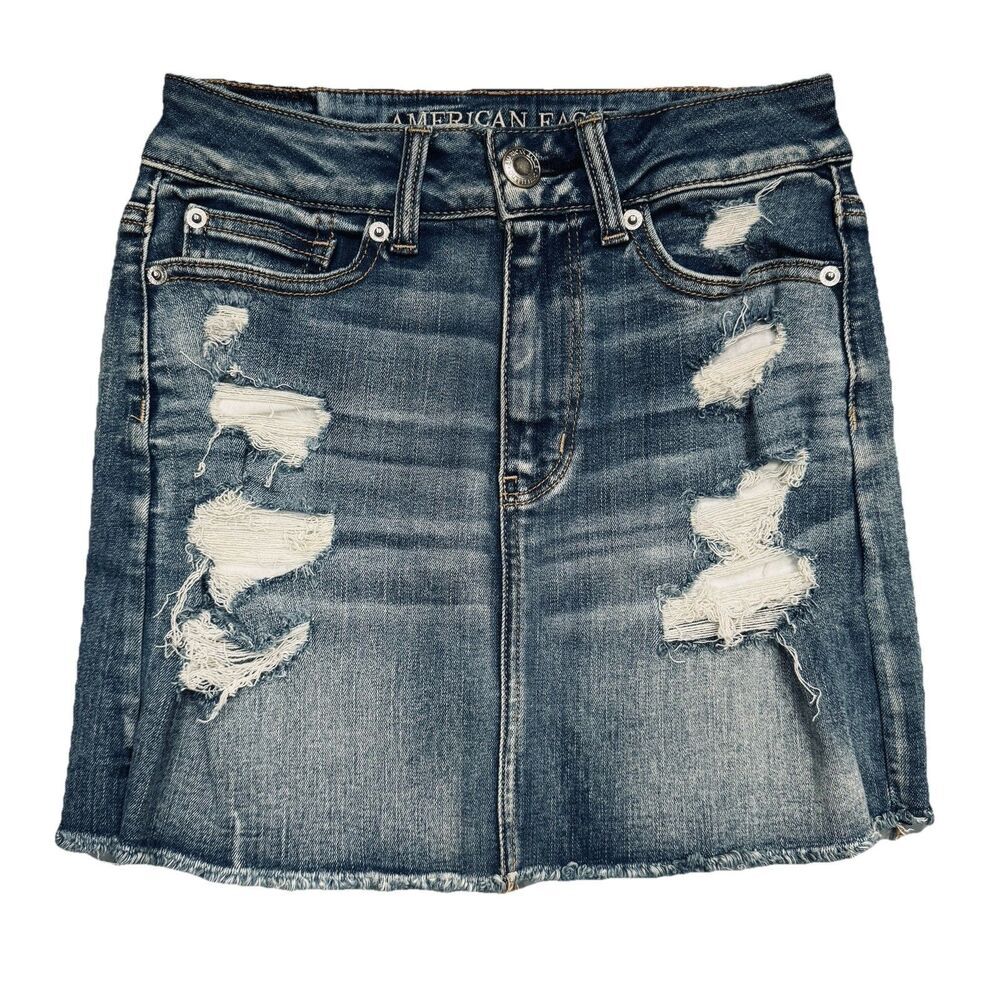 American Eagle Denim Skirt 2 (25x14.5) Next Stretch X Blue Distressed Womens
